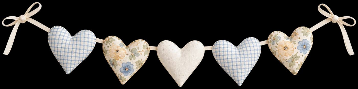 Guirnalda de corazones de tela en cuadritos, flores y marfil
