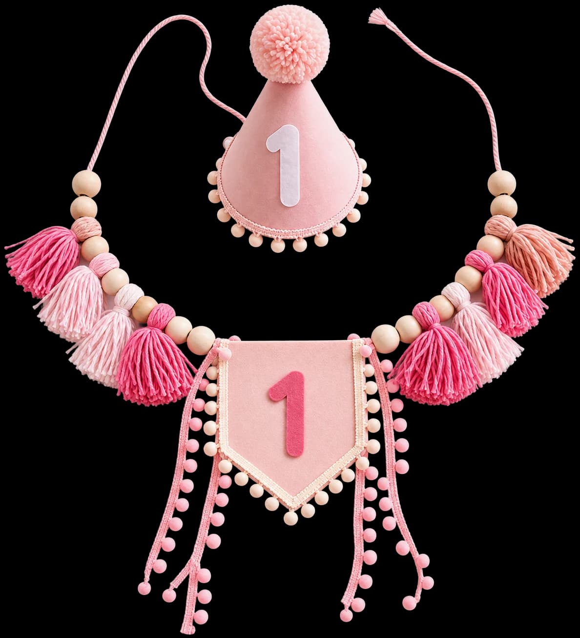 Set de cumpleaños rosa en fieltro y lana con gorrito y guirnalda del número 1