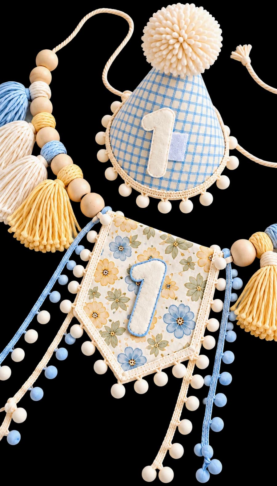 Set de cumpleaños en tela floral y cuadros azules con gorrito y guirnalda del número 1