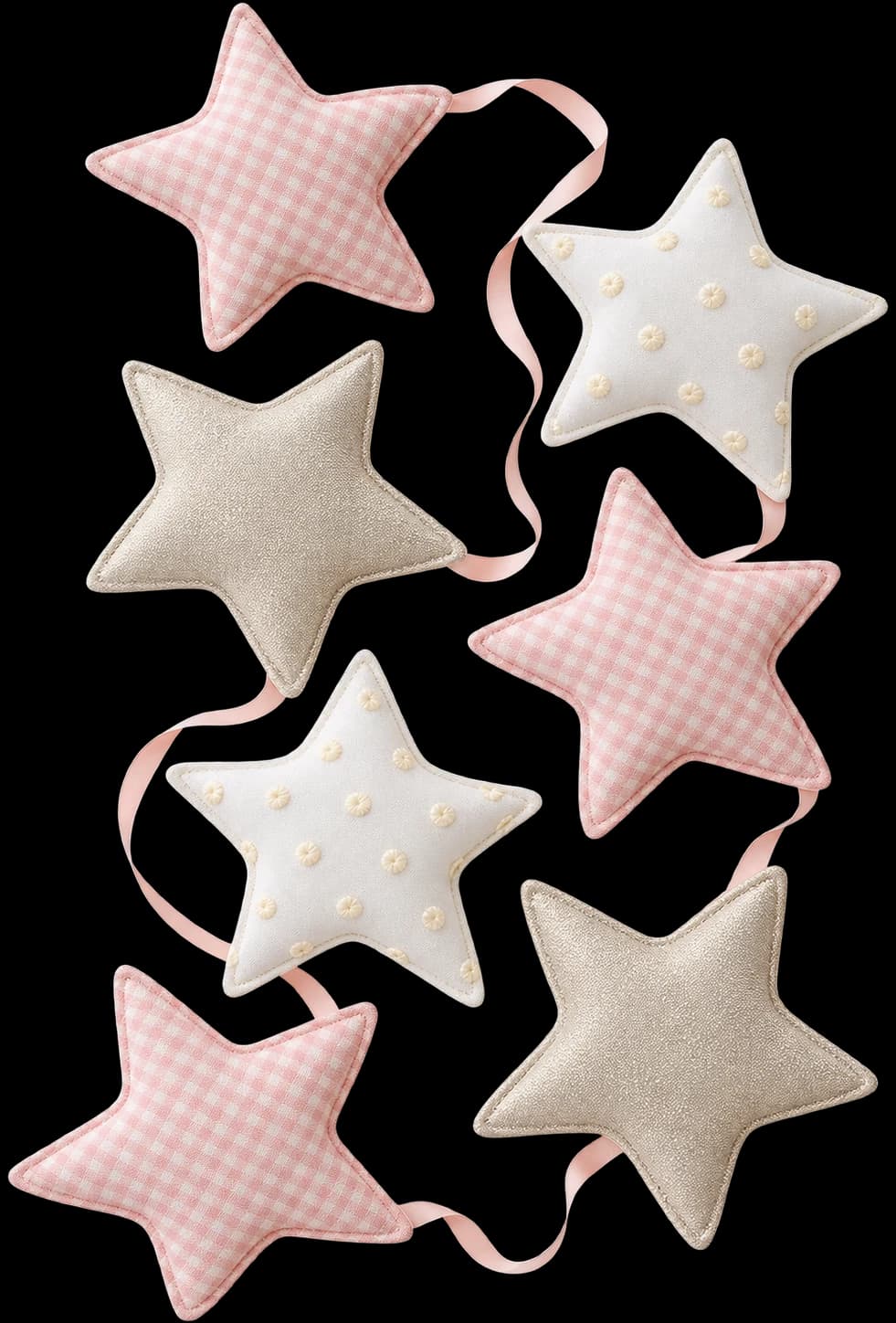 Guirnalda de estrellas rellenas en cuadritos rosa, puntos bordados y brillo champán