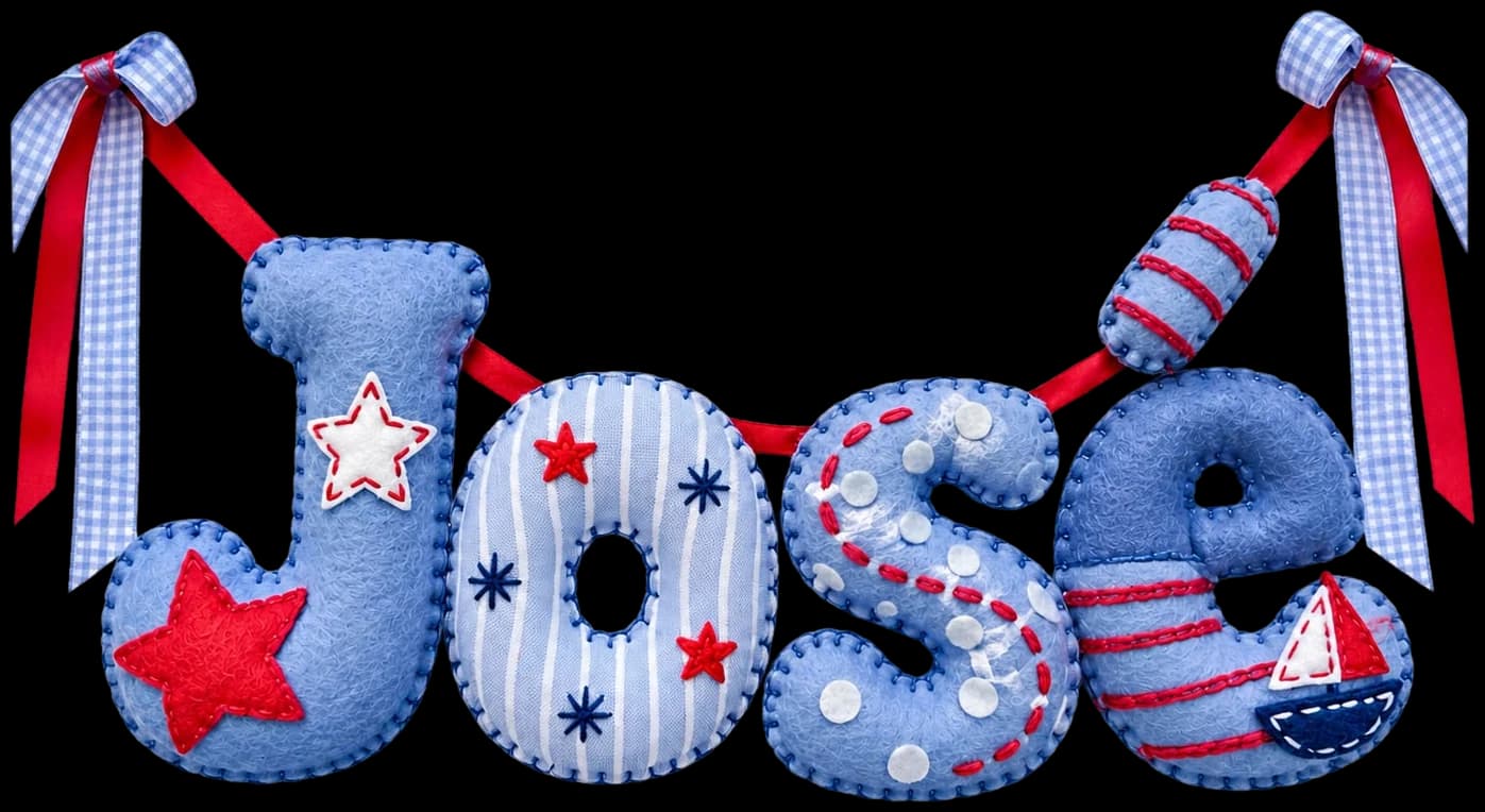 Nombre José en letras de fieltro rellenas con estrellas y un barco