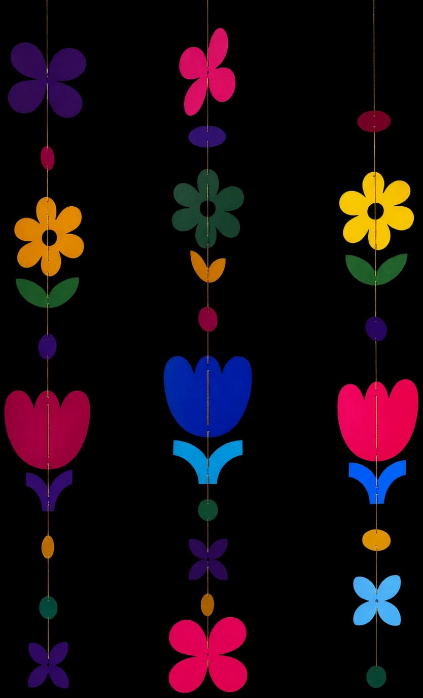 Tres guirnaldas verticales de flores de papel de colores